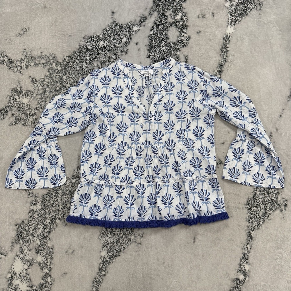 Gingy Fenerton Collection Blouse Womens M Blue White Boho Bell Sleeve Fringe Hem
